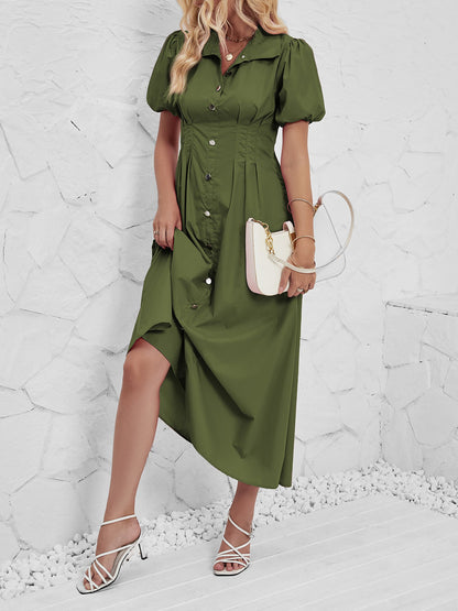 Puff Sleeve Button Down Solid Color Shirt Dress
