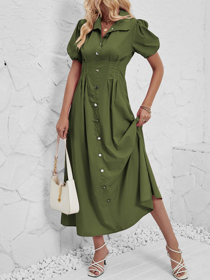 Puff Sleeve Button Down Solid Color Shirt Dress