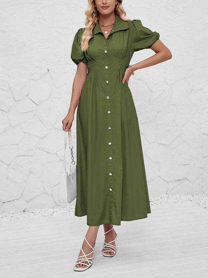 Puff Sleeve Button Down Solid Color Shirt Dress