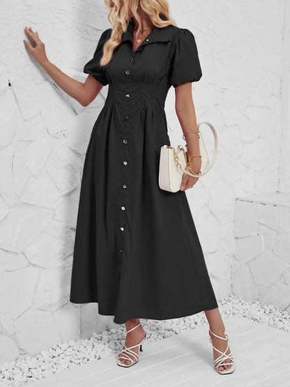 Puff Sleeve Button Down Solid Color Shirt Dress