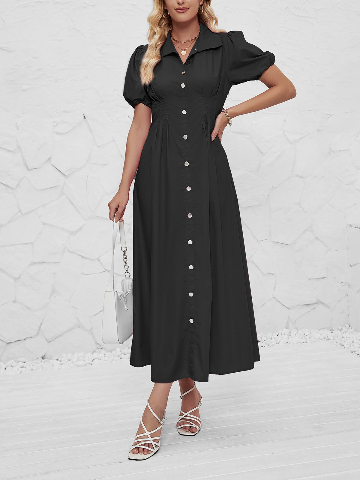 Puff Sleeve Button Down Solid Color Shirt Dress