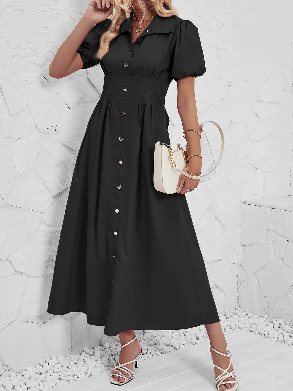 Puff Sleeve Button Down Solid Color Shirt Dress