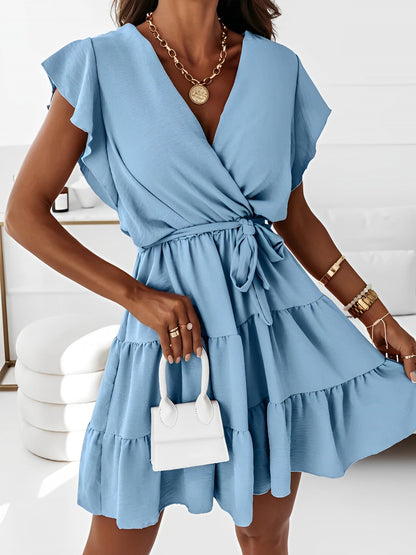Lightweight Chiffon Ruffled Cap Sleeves A-Line Tiered Mini Summer Vacations & Beach Parties Dress