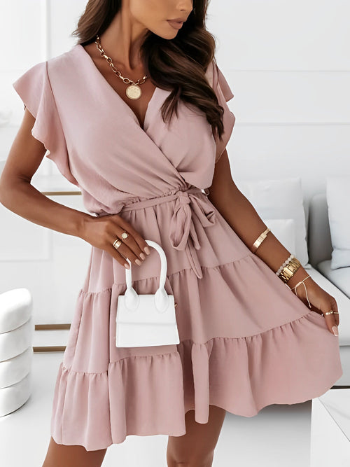 Lightweight Chiffon Ruffled Cap Sleeves A-Line Tiered Mini Summer Vacations & Beach Parties Dress