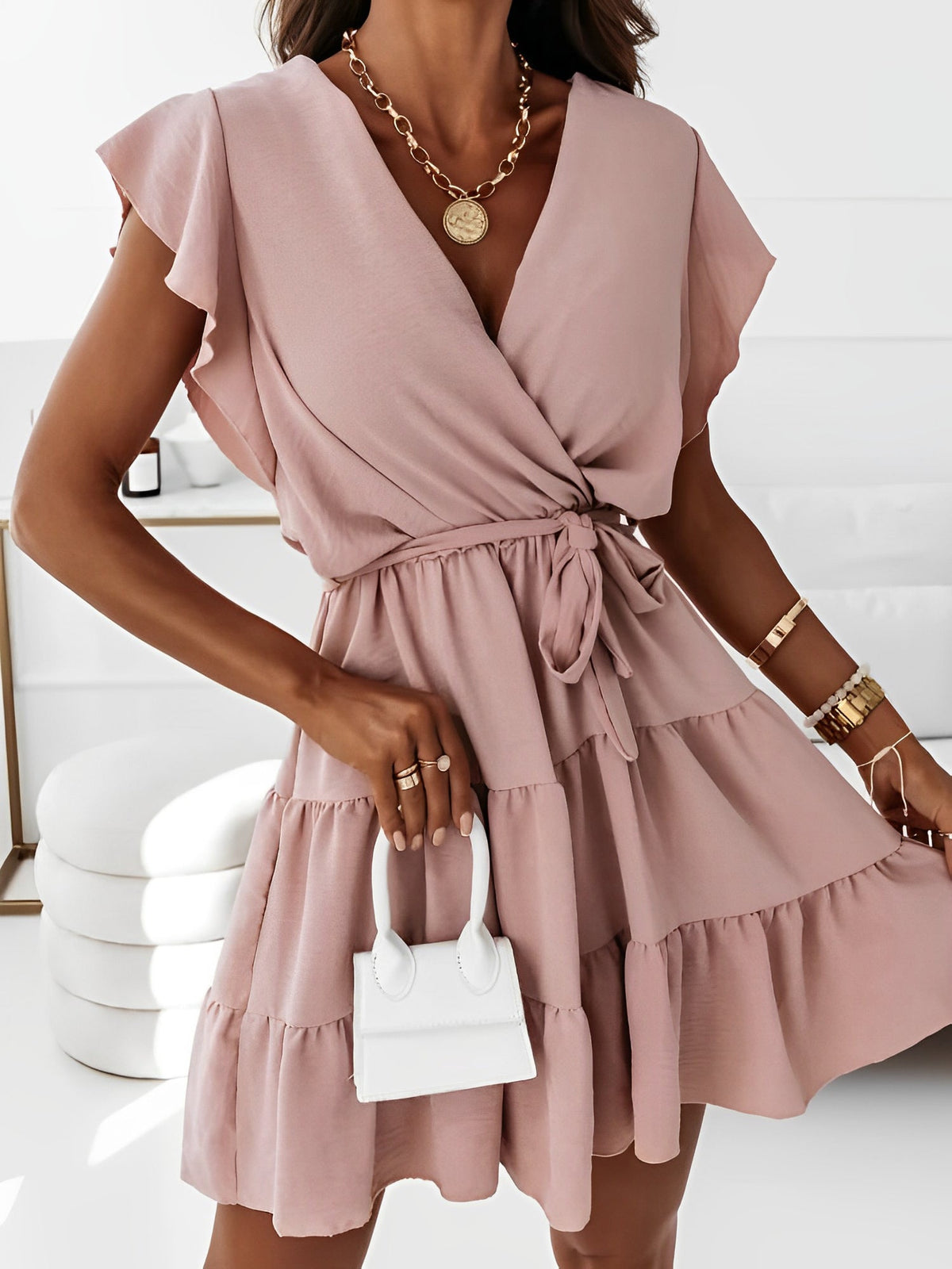 Lightweight Chiffon Ruffled Cap Sleeves A-Line Tiered Mini Summer Vacations & Beach Parties Dress