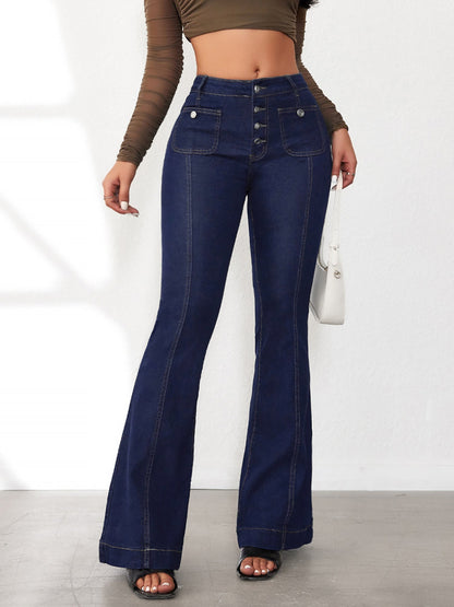 Denim Buttoned Bell-Bottomed Pocketed Jeans