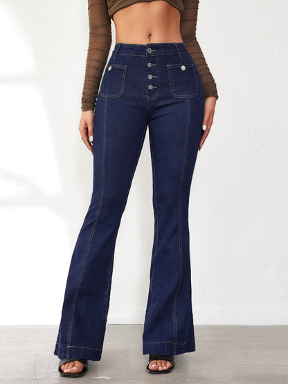Denim Buttoned Bell-Bottomed Pocketed Jeans