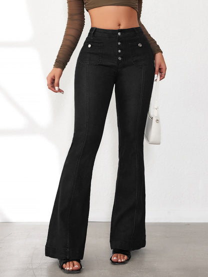 Denim Buttoned Bell-Bottomed Pocketed Jeans