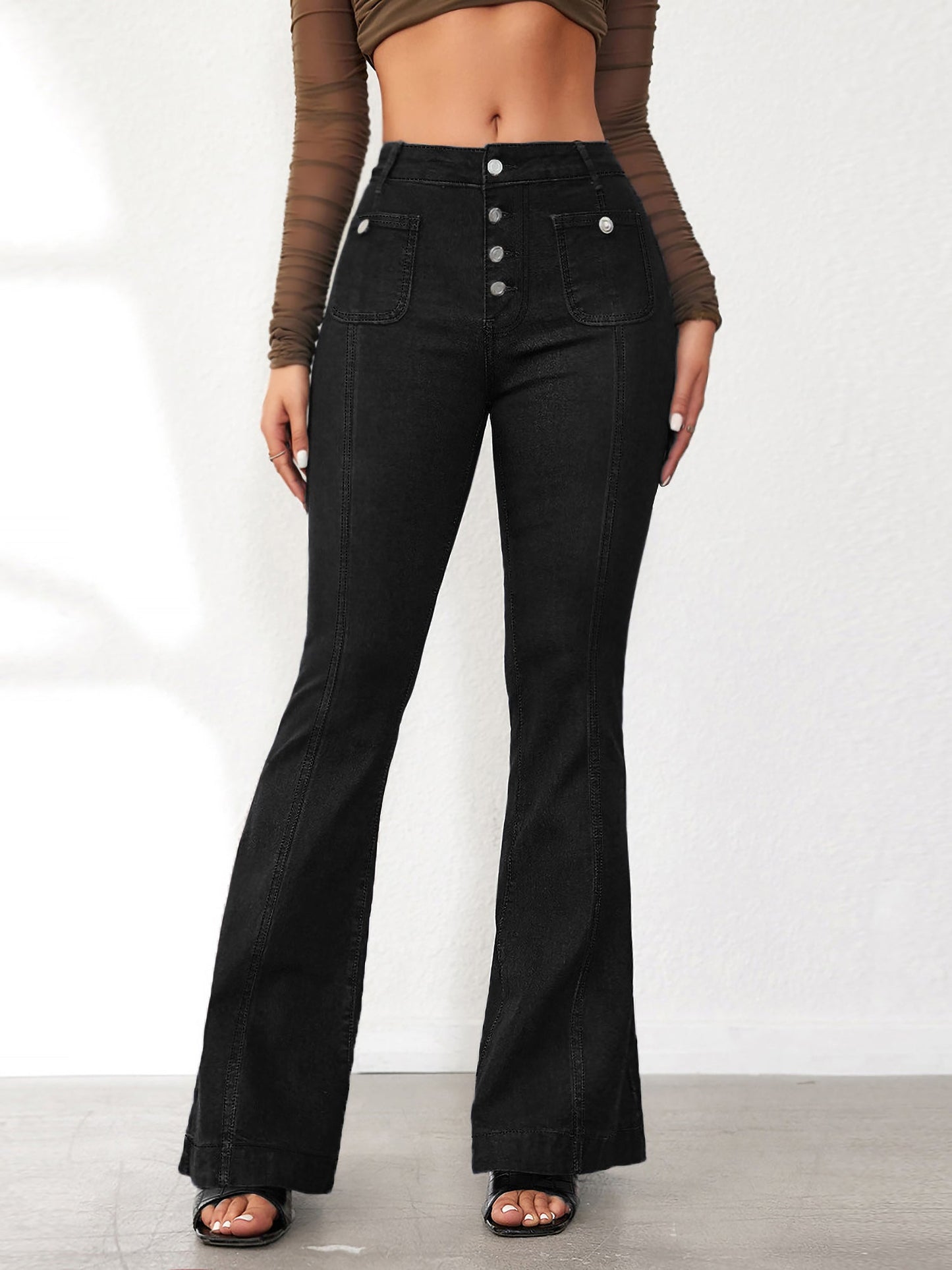 Denim Buttoned Bell-Bottomed Pocketed Jeans