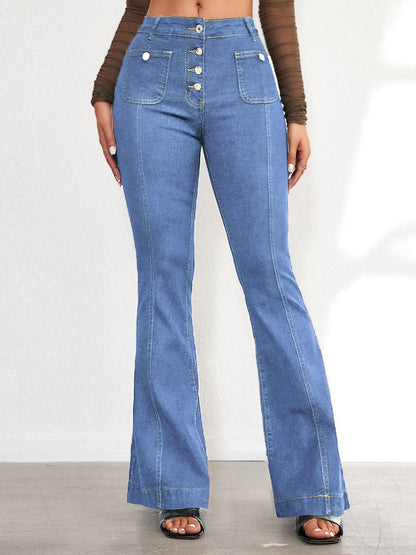 Denim Buttoned Bell-Bottomed Pocketed Jeans