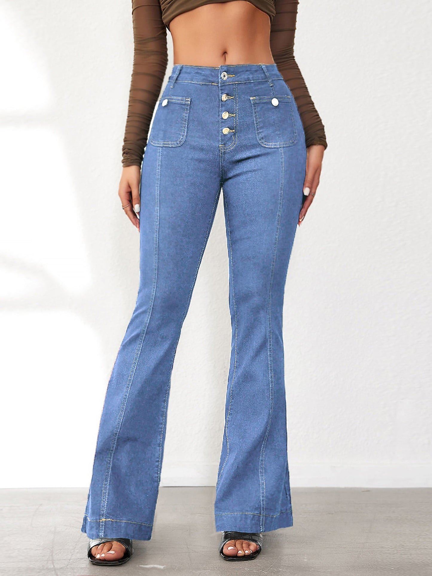 Denim Buttoned Bell-Bottomed Pocketed Jeans