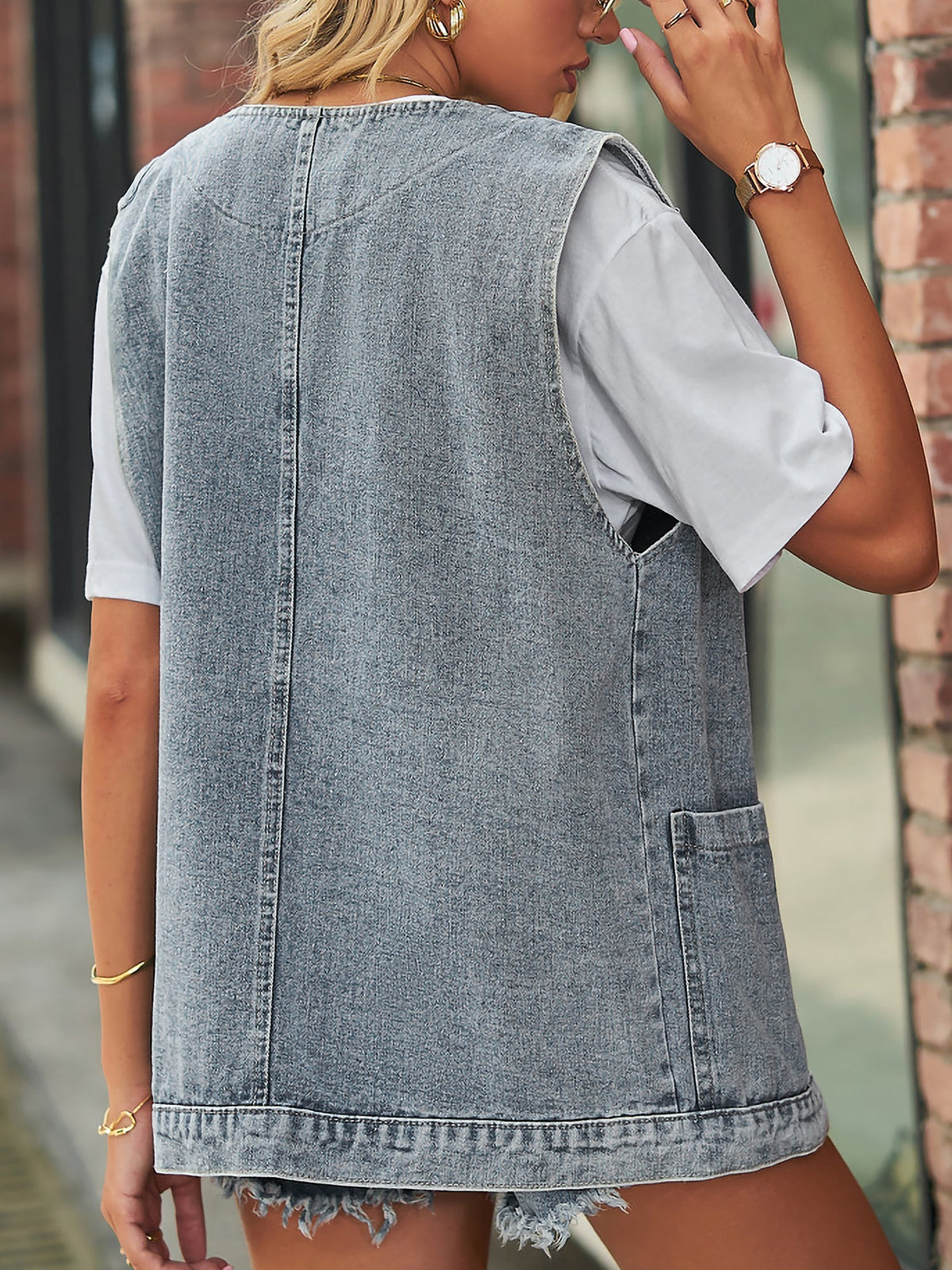 Casual Pocketed Sleeveless Button Waistcoat Denim Vest