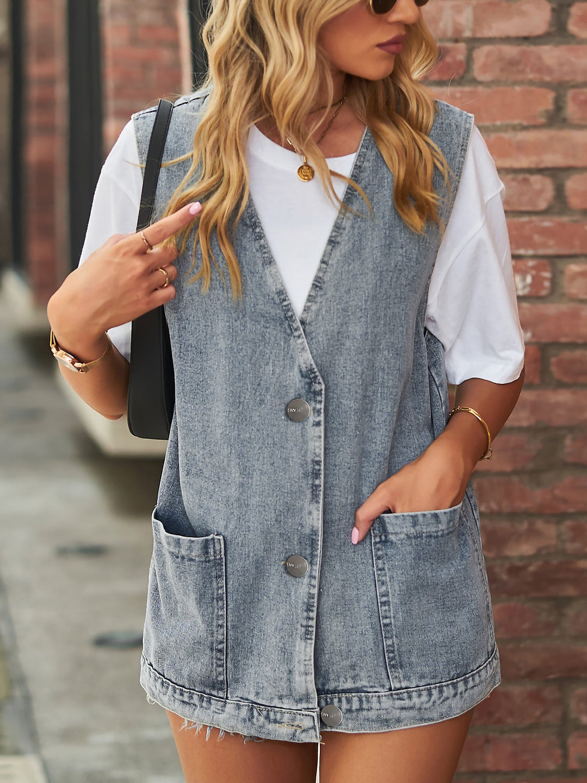 Casual Pocketed Sleeveless Button Waistcoat Denim Vest