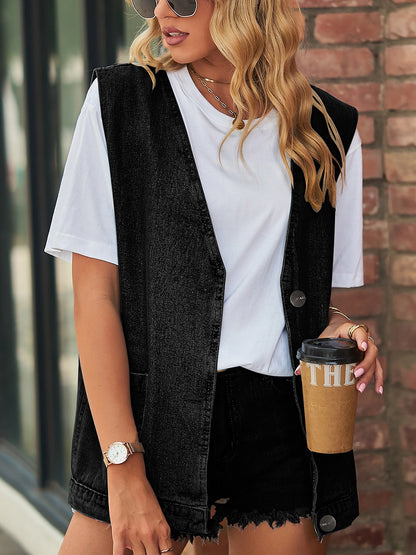 Casual Pocketed Sleeveless Button Waistcoat Denim Vest