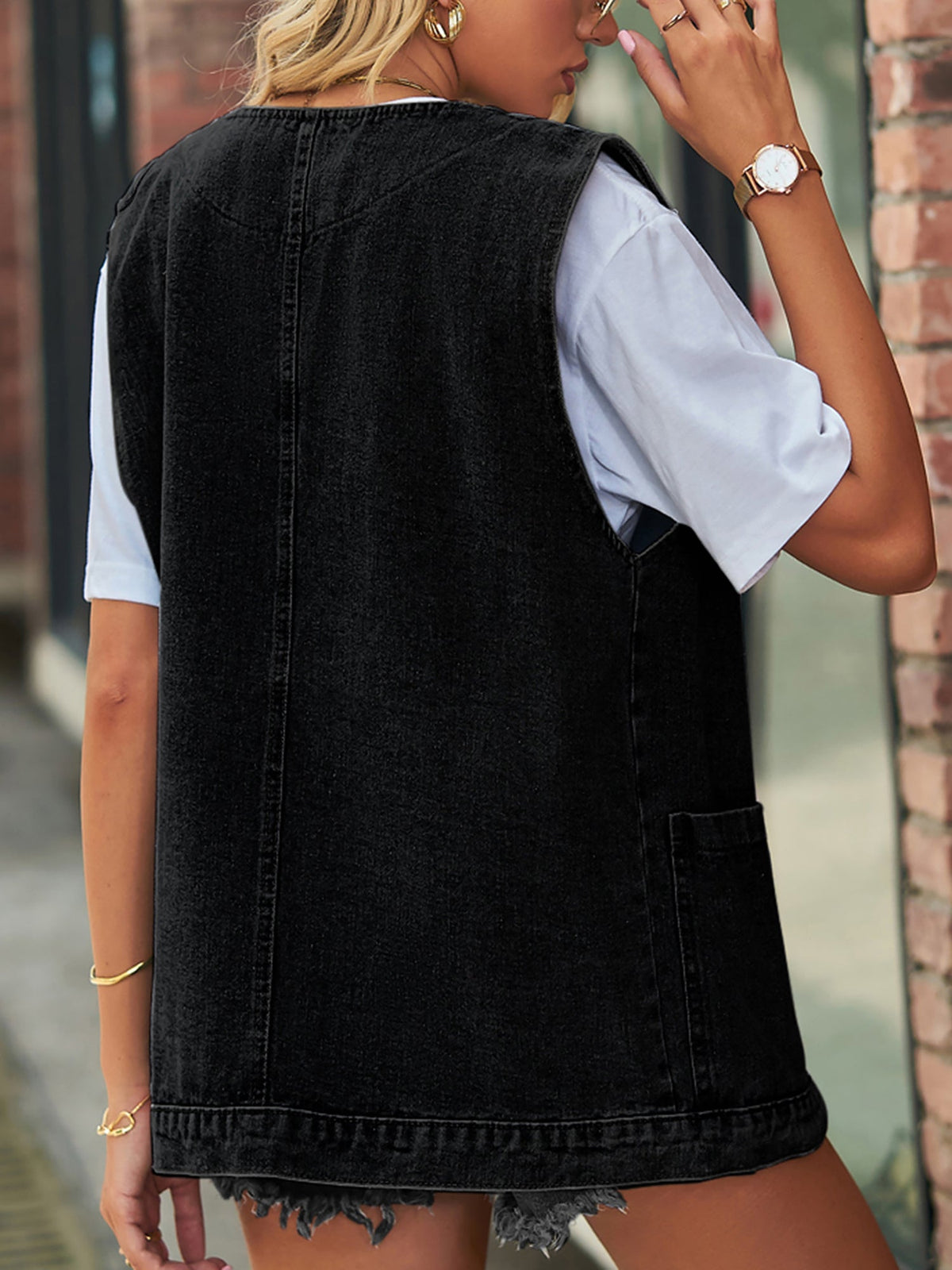 Casual Pocketed Sleeveless Button Waistcoat Denim Vest