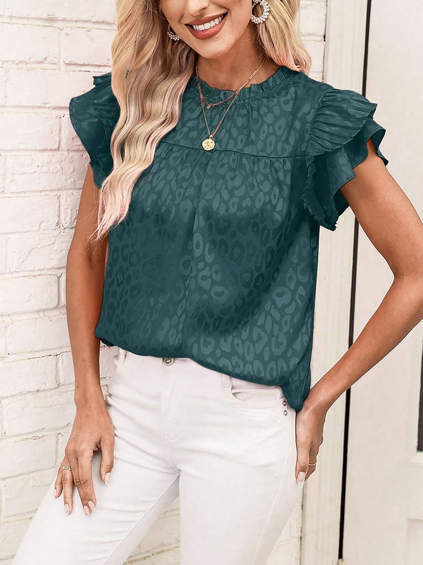 Ruffled Short Sleeves Leopard Print Casual Blouse