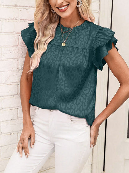 Ruffled Short Sleeves Leopard Print Casual Blouse