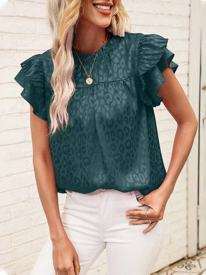 Ruffled Short Sleeves Leopard Print Casual Blouse