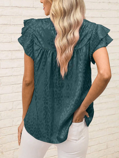 Ruffled Short Sleeves Leopard Print Casual Blouse