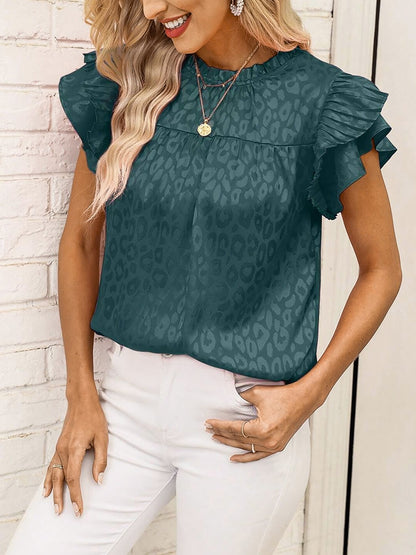 Ruffled Short Sleeves Leopard Print Casual Blouse