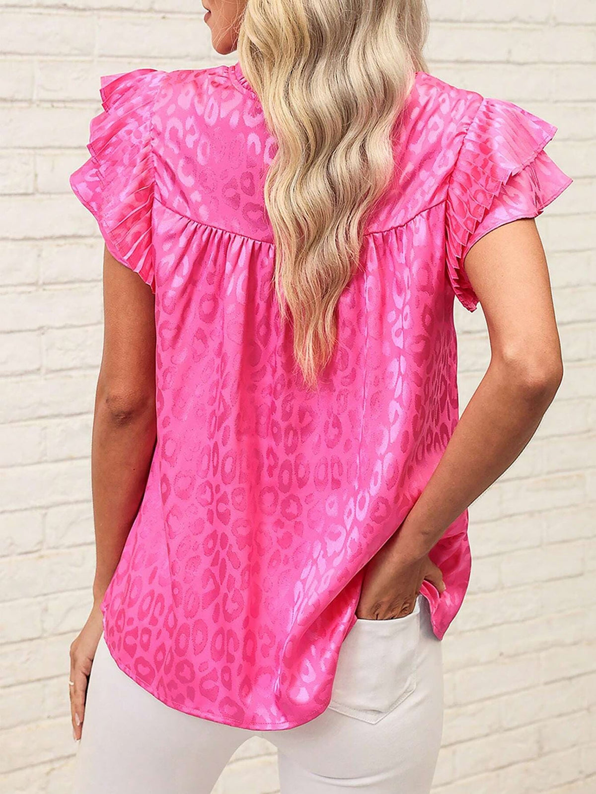 Ruffled Short Sleeves Leopard Print Casual Blouse