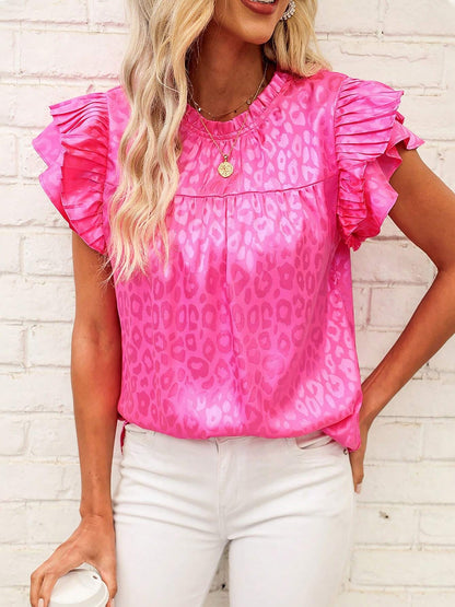 Ruffled Short Sleeves Leopard Print Casual Blouse