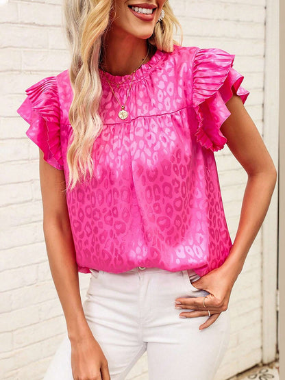 Ruffled Short Sleeves Leopard Print Casual Blouse