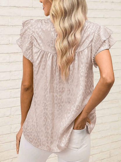 Ruffled Short Sleeves Leopard Print Casual Blouse