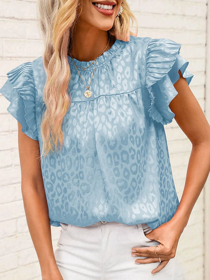 Ruffled Short Sleeves Leopard Print Casual Blouse
