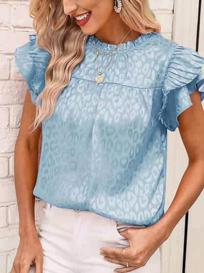 Ruffled Short Sleeves Leopard Print Casual Blouse