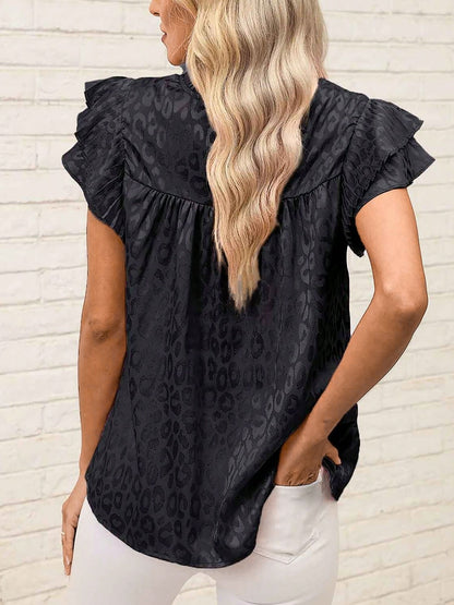 Ruffled Short Sleeves Leopard Print Casual Blouse