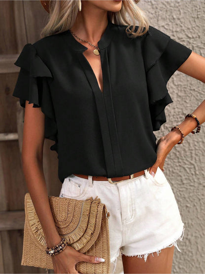 Chic Notch Neck Flutter Ruffles Short Sleeves Casual Office Blouse