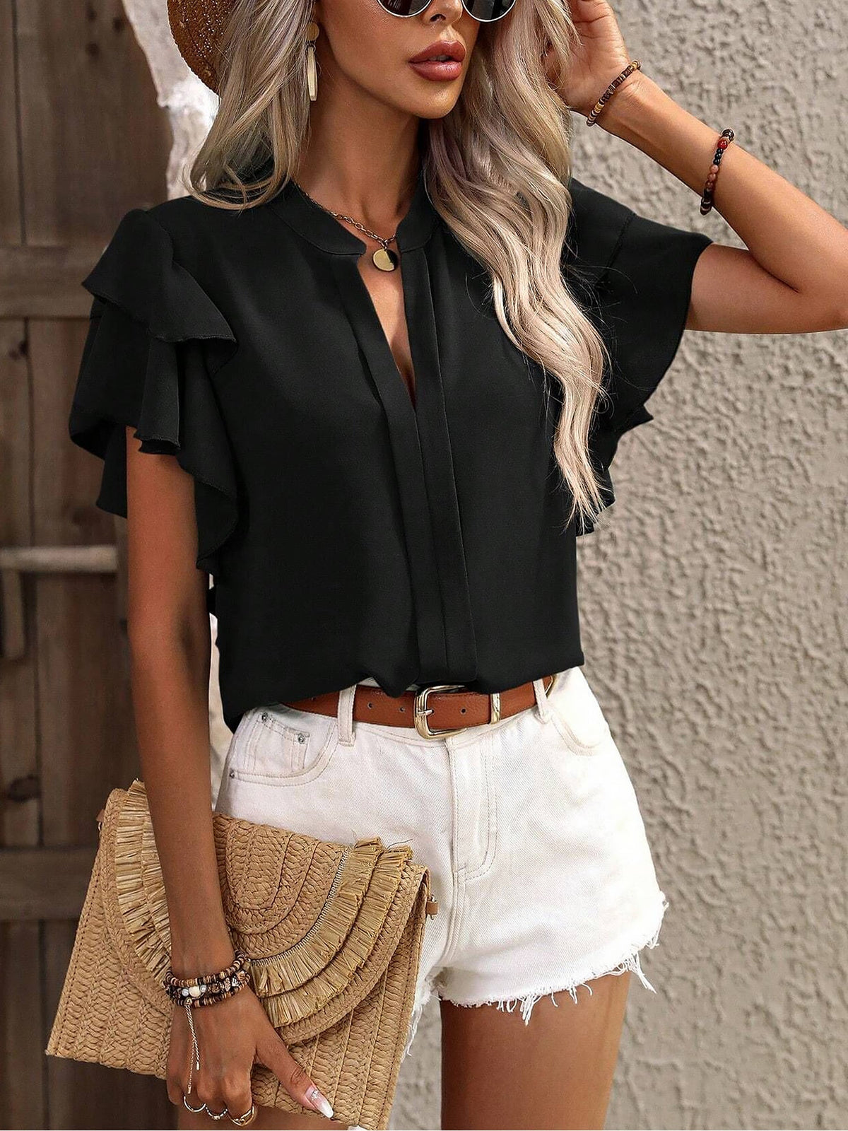 Chic Notch Neck Flutter Ruffles Short Sleeves Casual Office Blouse
