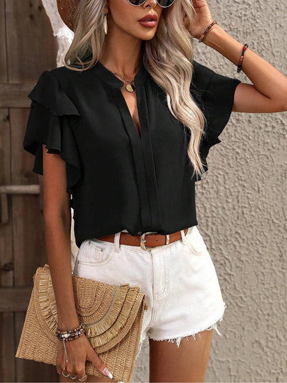 Chic Notch Neck Flutter Ruffles Short Sleeves Casual Office Blouse