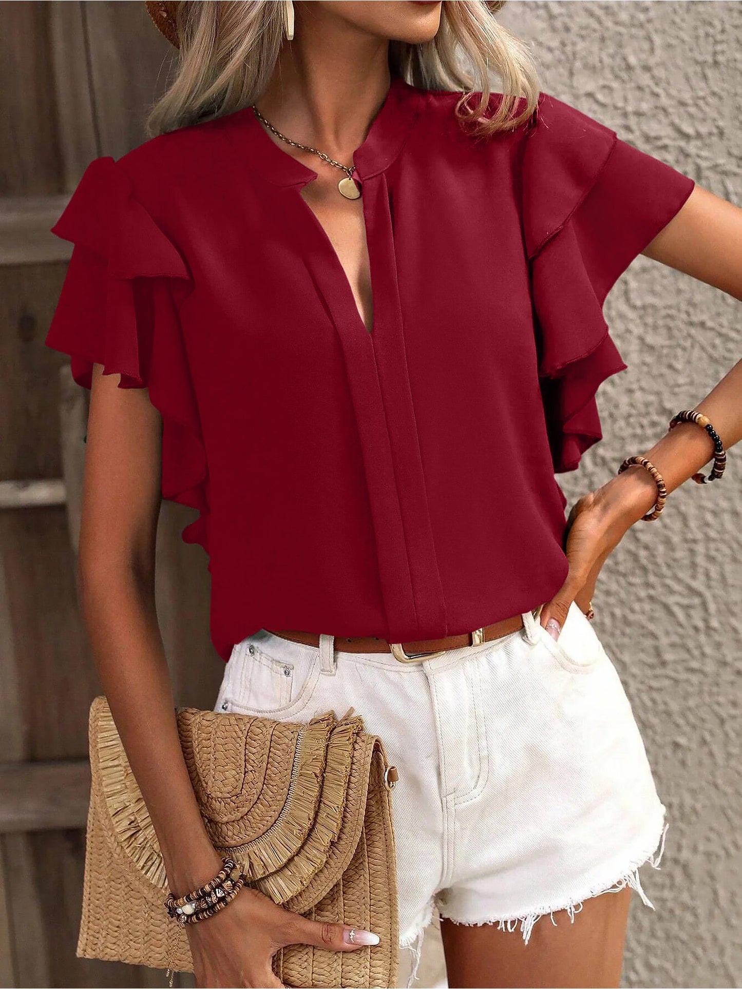 Chic Notch Neck Flutter Ruffles Short Sleeves Casual Office Blouse