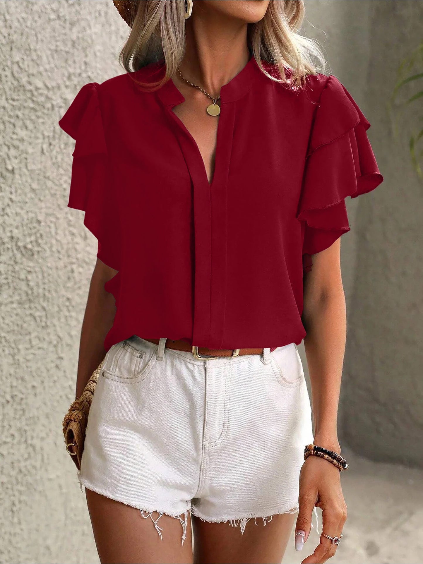 Chic Notch Neck Flutter Ruffles Short Sleeves Casual Office Blouse