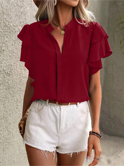Chic Notch Neck Flutter Ruffles Short Sleeves Casual Office Blouse