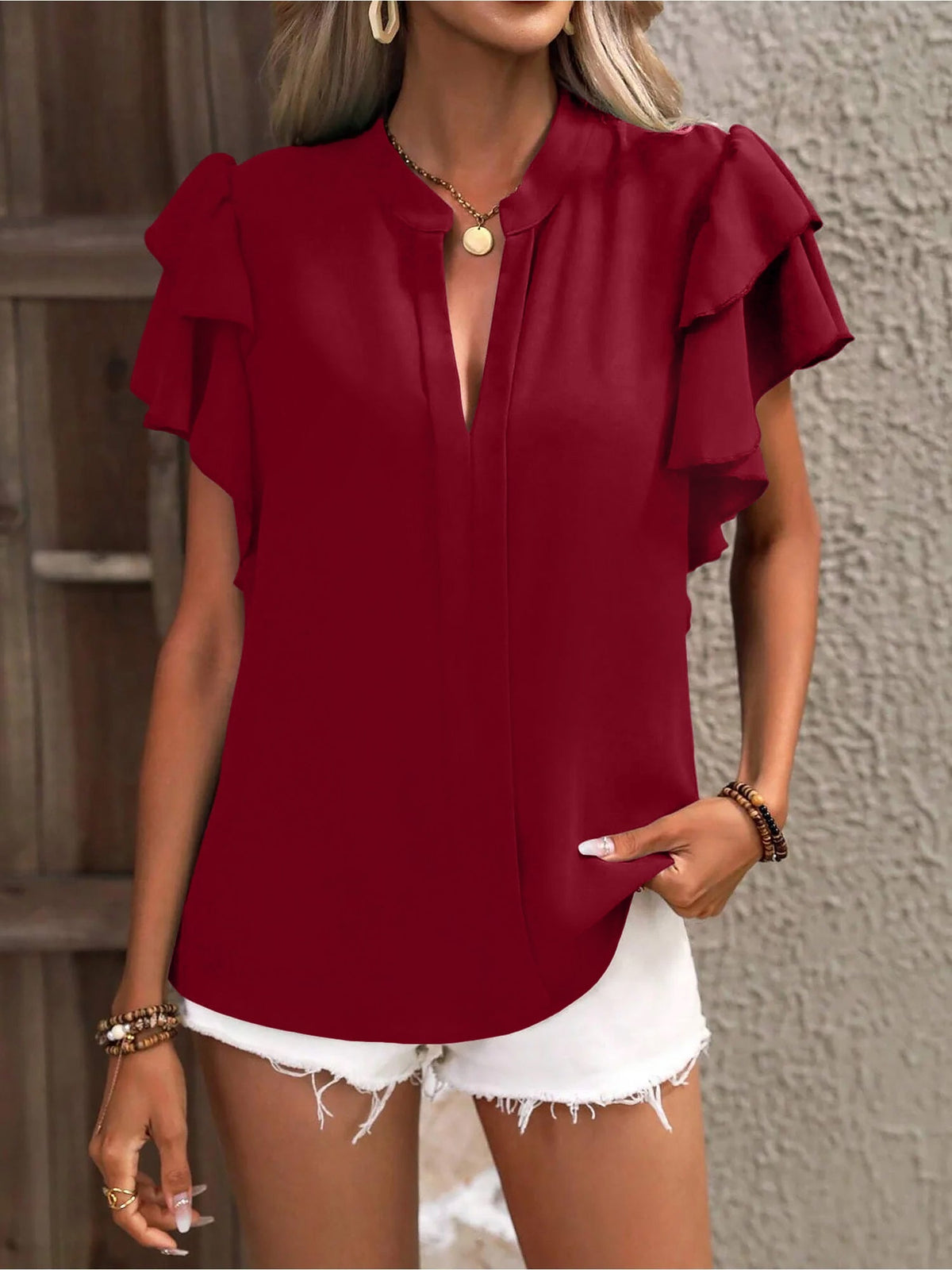 Chic Notch Neck Flutter Ruffles Short Sleeves Casual Office Blouse