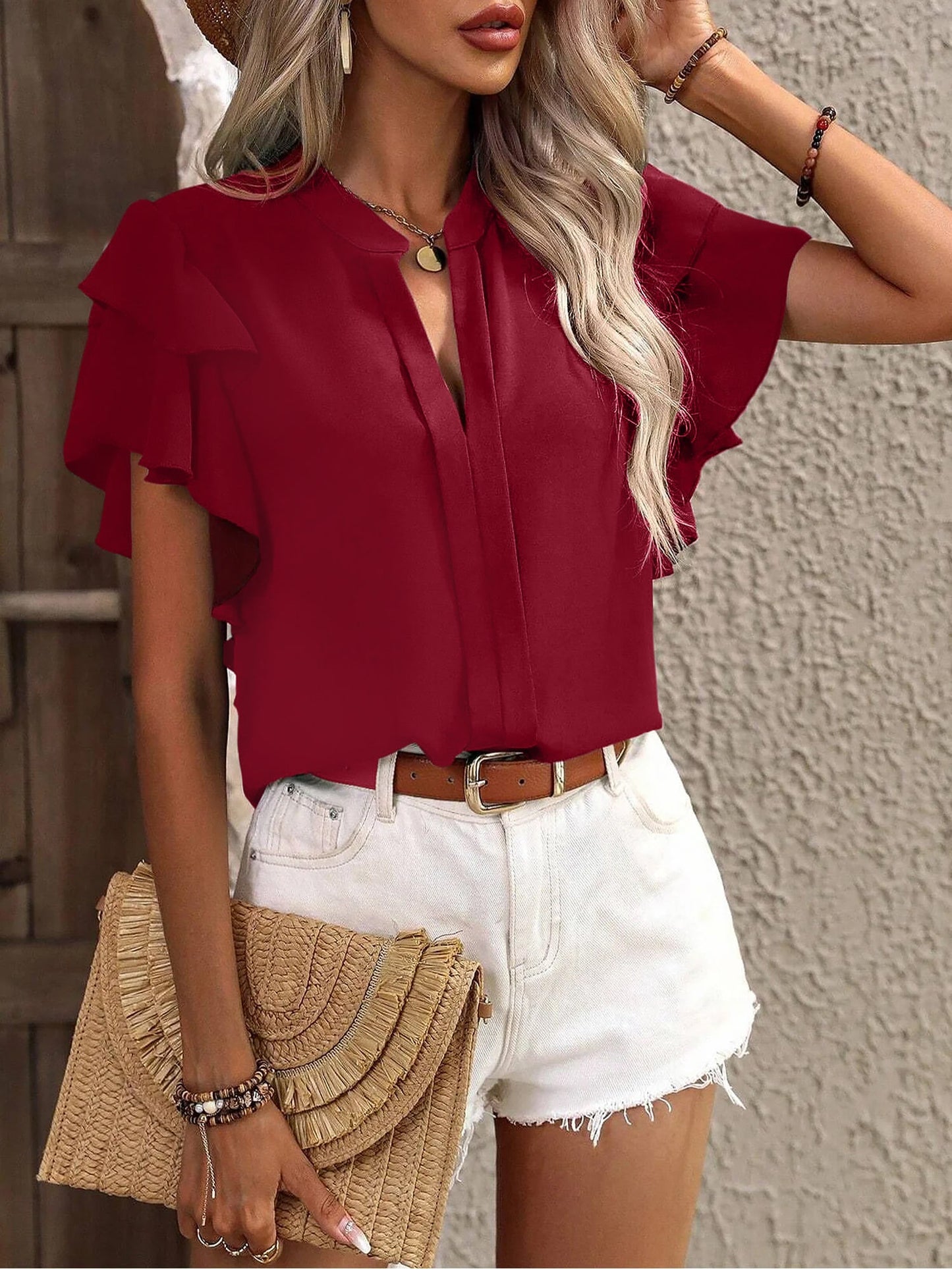 Chic Notch Neck Flutter Ruffles Short Sleeves Casual Office Blouse