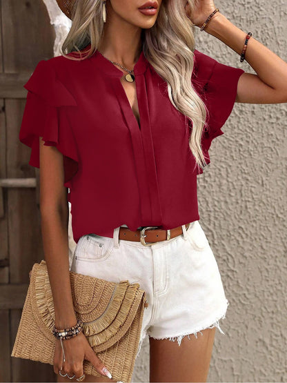 Chic Notch Neck Flutter Ruffles Short Sleeves Casual Office Blouse