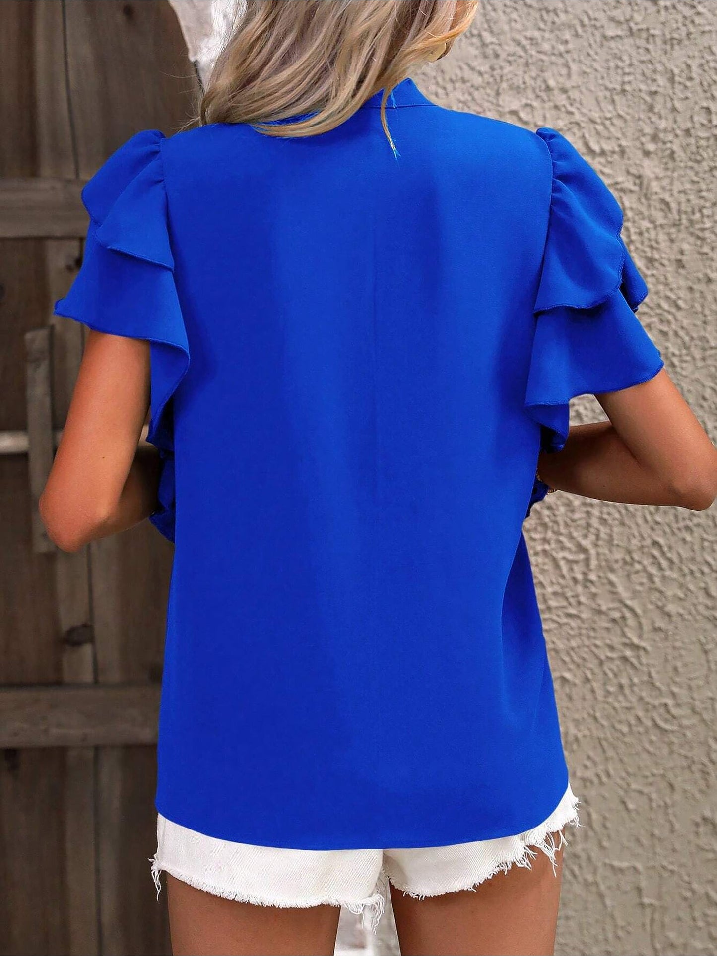 Chic Notch Neck Flutter Ruffles Short Sleeves Casual Office Blouse