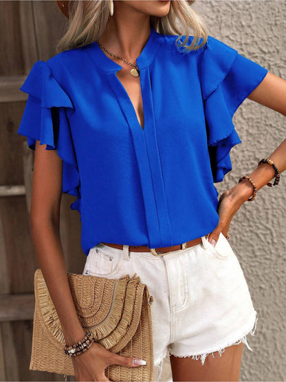 Chic Notch Neck Flutter Ruffles Short Sleeves Casual Office Blouse