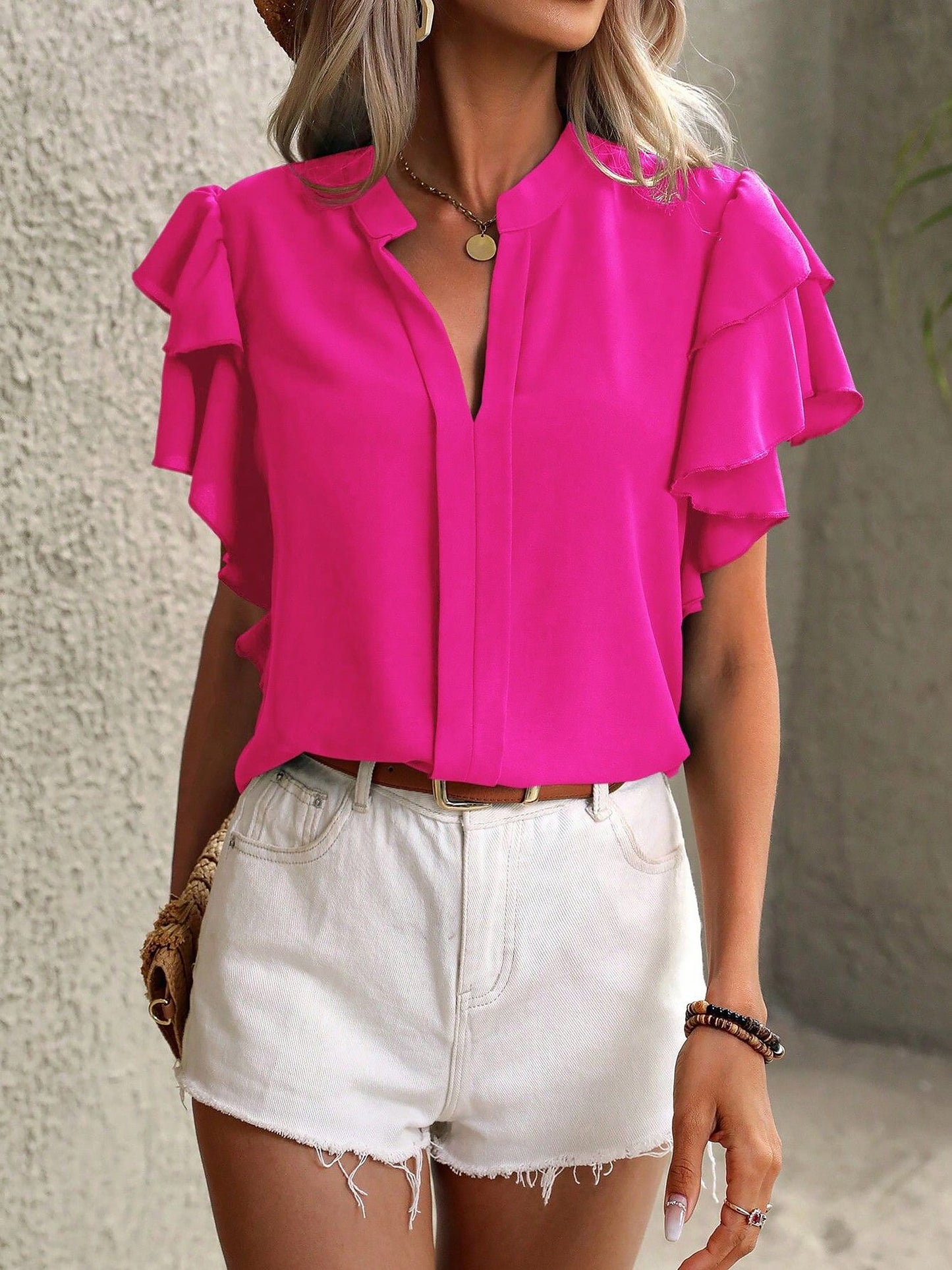 Chic Notch Neck Flutter Ruffles Short Sleeves Casual Office Blouse