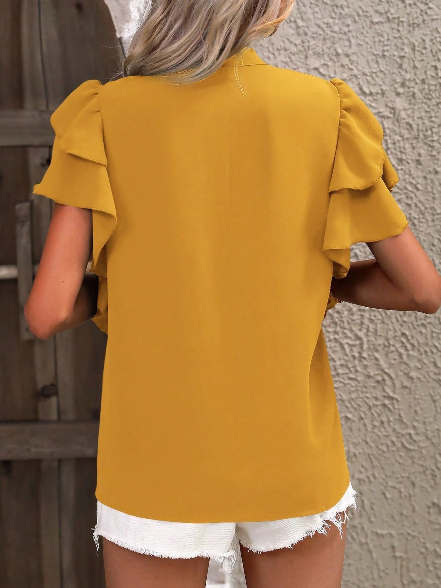 Chic Notch Neck Flutter Ruffles Short Sleeves Casual Office Blouse
