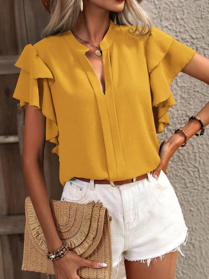 Chic Notch Neck Flutter Ruffles Short Sleeves Casual Office Blouse