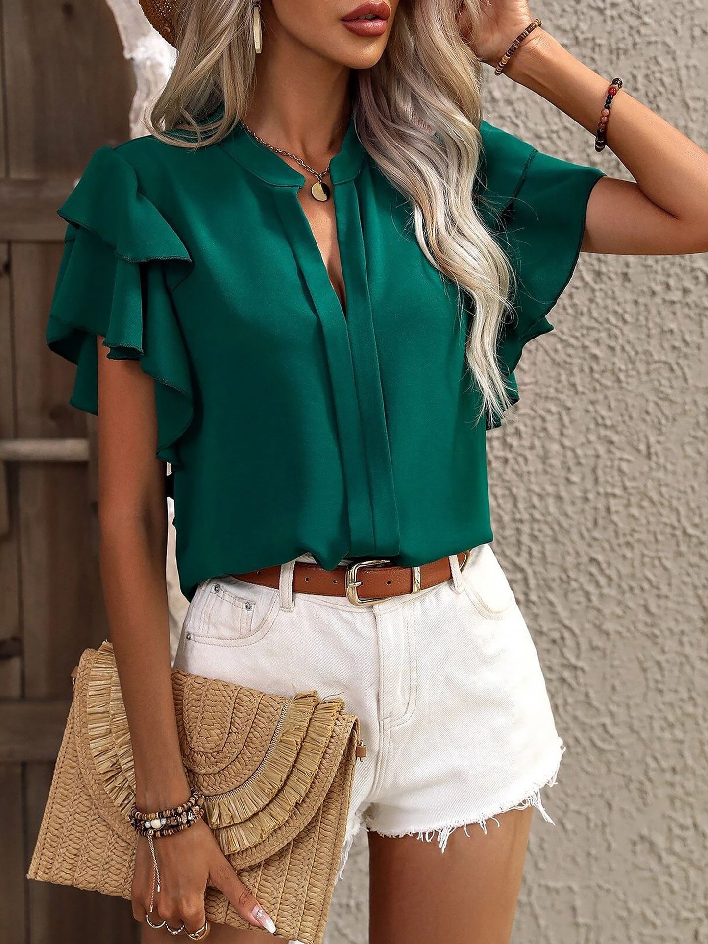 Chic Notch Neck Flutter Ruffles Short Sleeves Casual Office Blouse