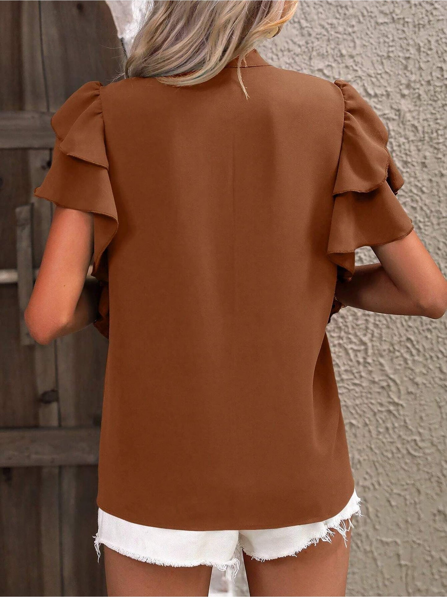 Chic Notch Neck Flutter Ruffles Short Sleeves Casual Office Blouse