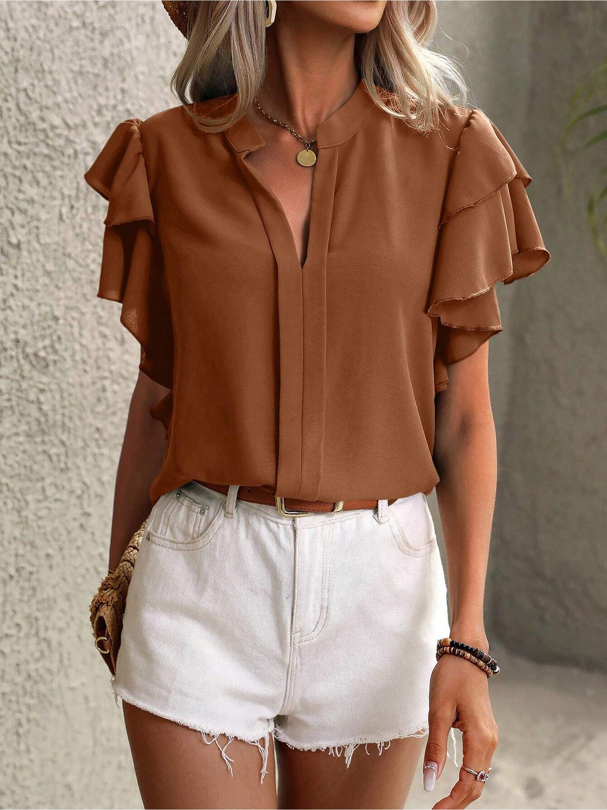 Chic Notch Neck Flutter Ruffles Short Sleeves Casual Office Blouse