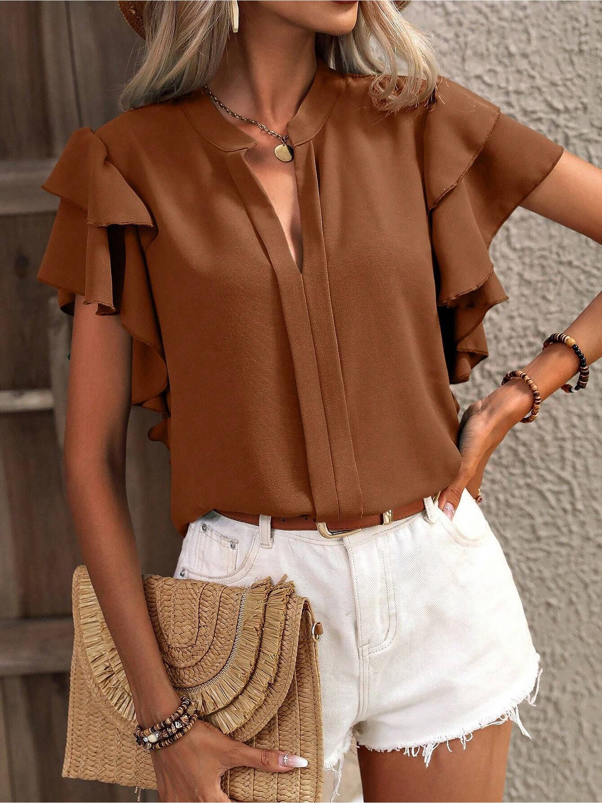 Chic Notch Neck Flutter Ruffles Short Sleeves Casual Office Blouse