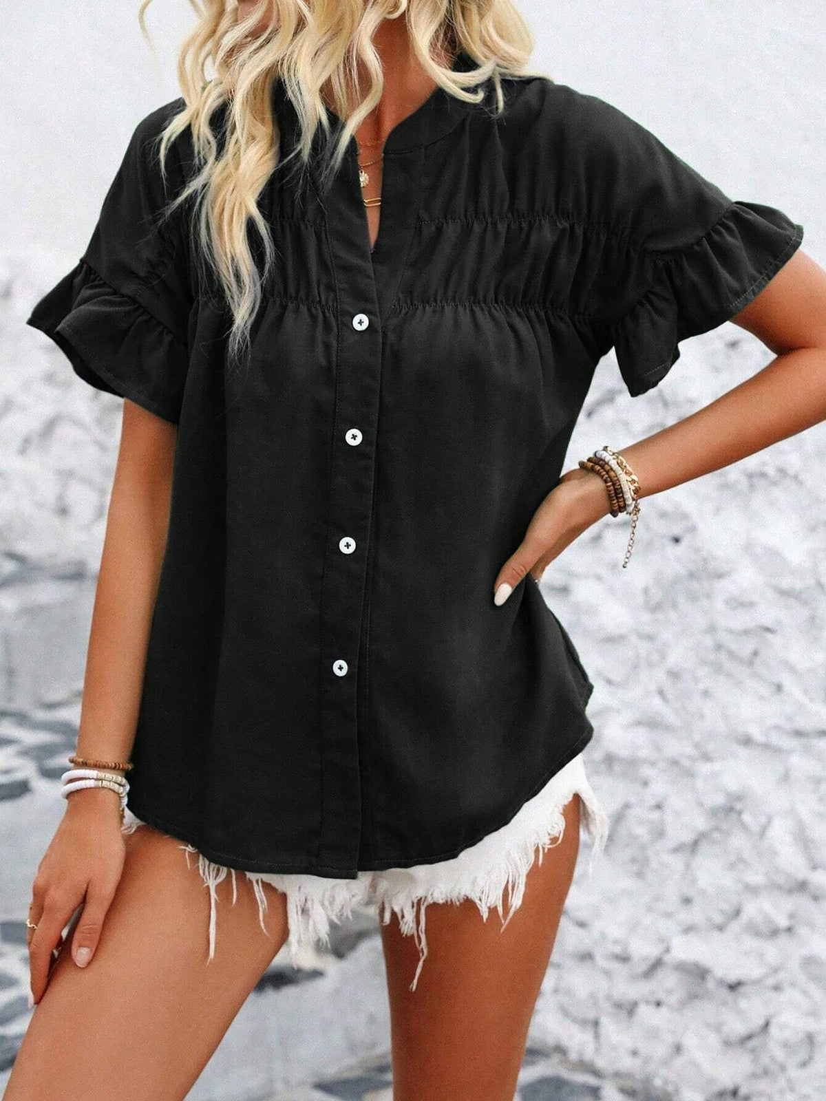 Ruffled Short Sleeve Button Solid Color Casual Blouse